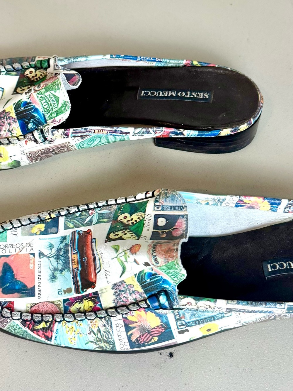 Vintage Sesto Meucci Made In Italy Postage Stamp Print Moccasins Mules Size 9.5 - Picture 8 of 12